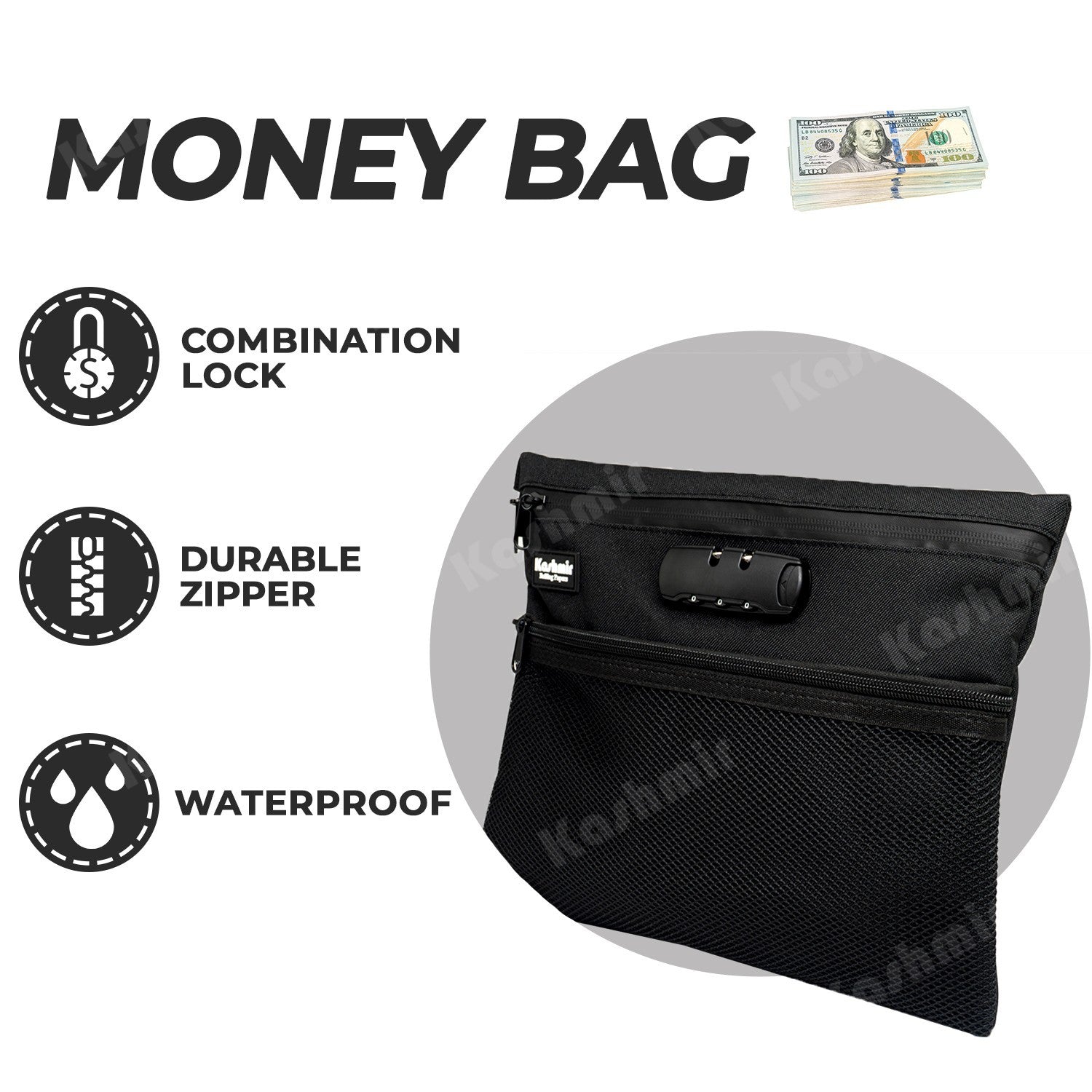 Kashmir Travel Bag Pouch 12X10 Large Money Bag Combination Lock Water Resistant